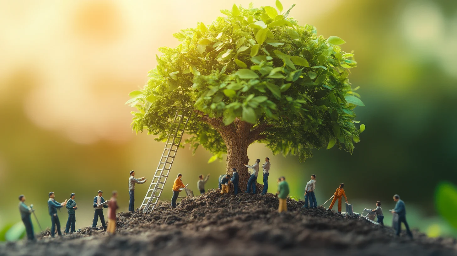 Miniature people working around a strong growing tree